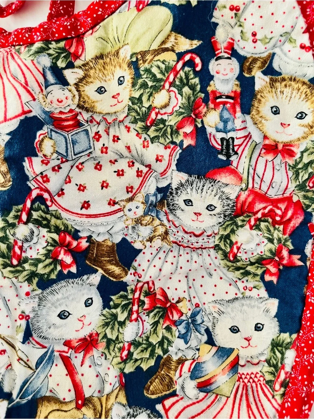 Vintage Handmade Holiday Kitty Print Baby Bib with Red Trim Christmas